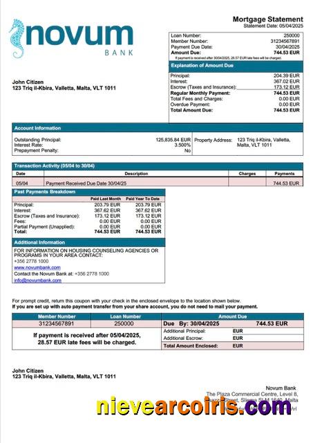 Malta Novum Bank mortgage statement Word and PDF template